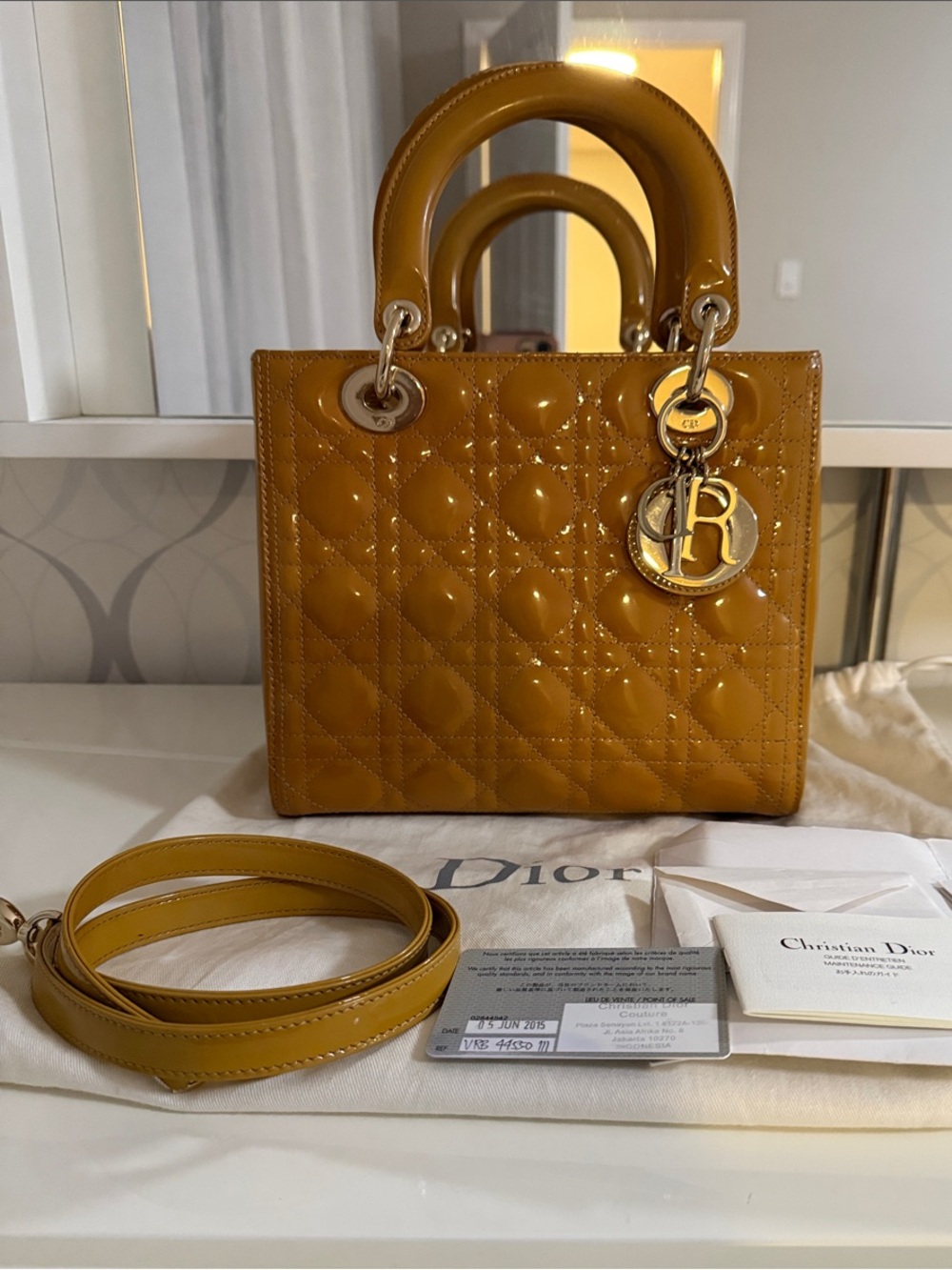 Dior Lady Dior Small Patent Leather Top-Handle Tote in Mustard